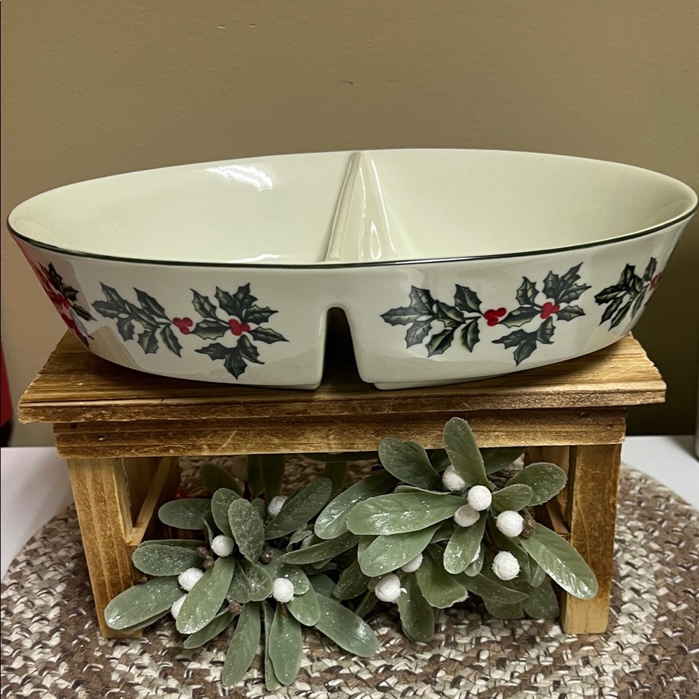Formalities oval ceramic divided bowl 10” Holly Berry Design
